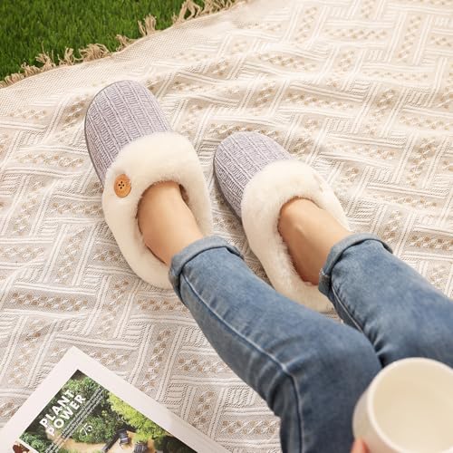Image of Evshine Warm Knit House Slippers for Women Comfy Wool-Like Lined Chenille Slippers with Memory Foam and Indoor Outdoor Soles