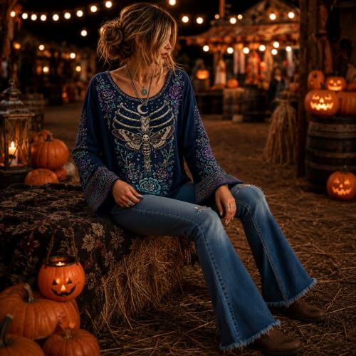 Womens Halloween Shirts Casual Skeleton Crew Neck Bell Sleeve Top - image 3