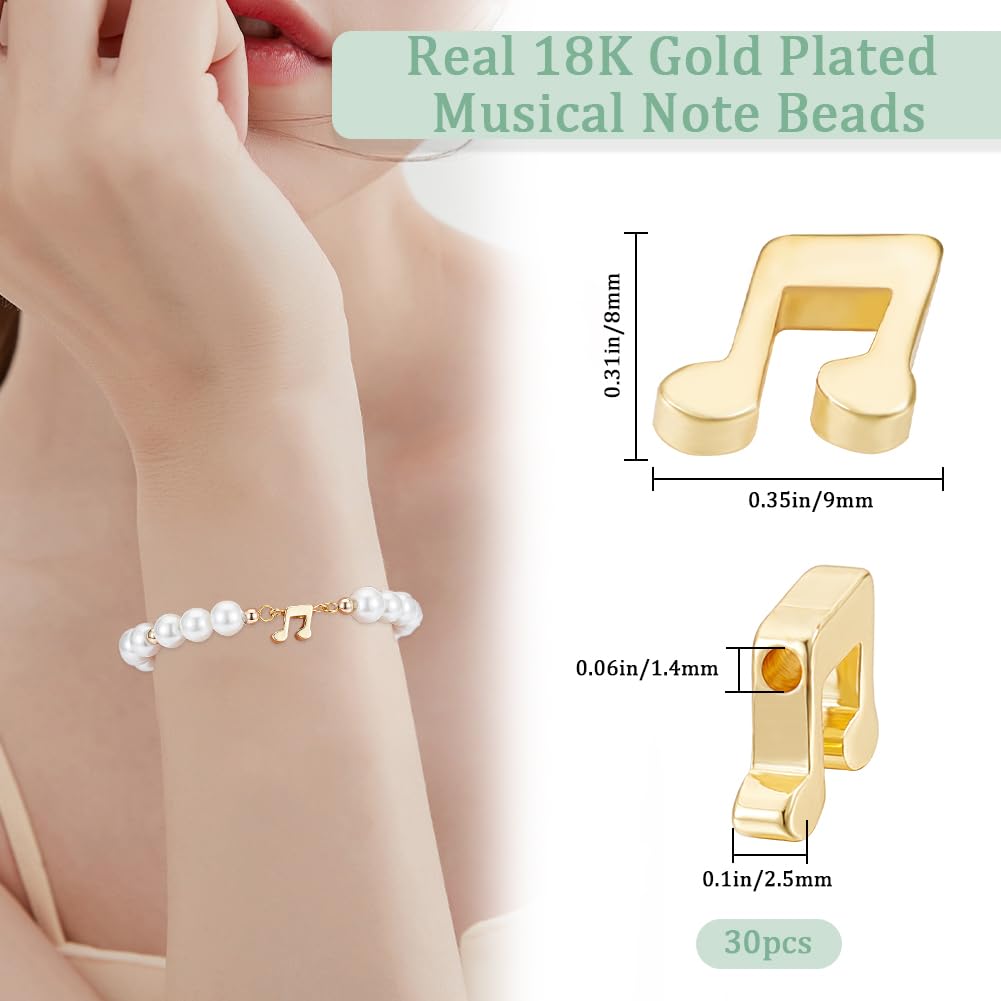Beebeecraft 30 Stück 18K Vergoldete Musiknoten-Perlen - Abstandsperlen Für DIY Schmuck, Armbänder, Halsketten