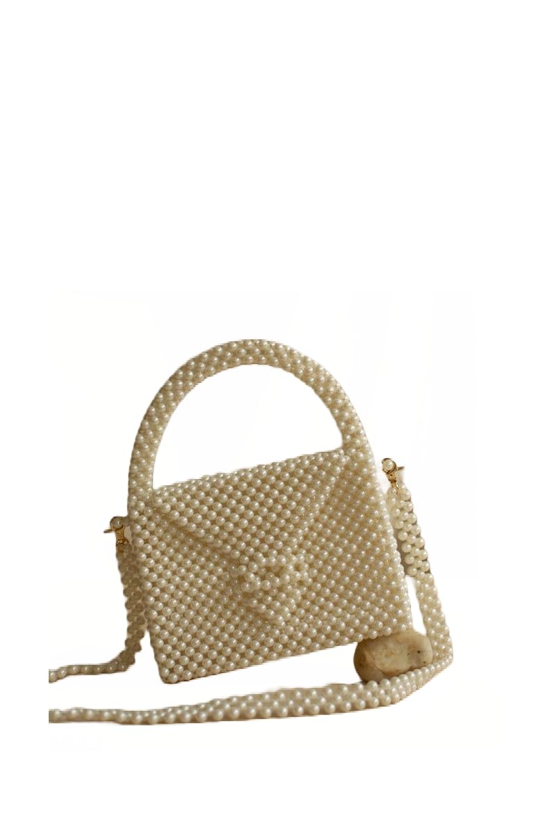 PR HAND WORKSWoman's White Pearl Beaded Cross body Purse Sling Shoulder Bag for Women and Girls Clutch Evening Bead Bags