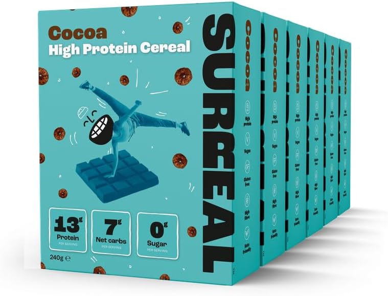Surreal Cocoa - High Protein Cereal 6 Pack - Low Sugar- Healthy Plant Based Cereal - High in Fibre - Low Carb - Gluten Free - Vegan - 13g of Protein, 0g of Sugar - 240g per Box
