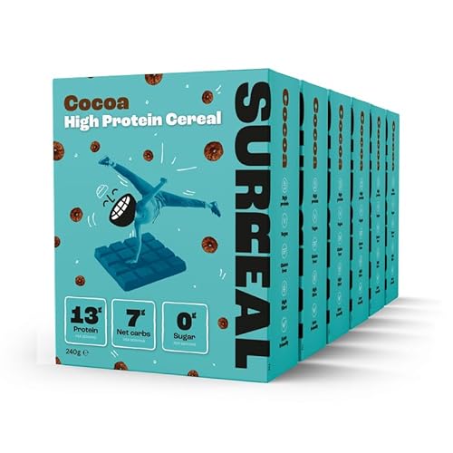 Surreal Cocoa - High Protein Cereal 6 Pack - Zero Sugar- Healthy Plant Based Cereal - High in Fibre - Low Carb - Gluten Free - Vegan - 13g of Protein, 0g of Sugar - 240g per Box