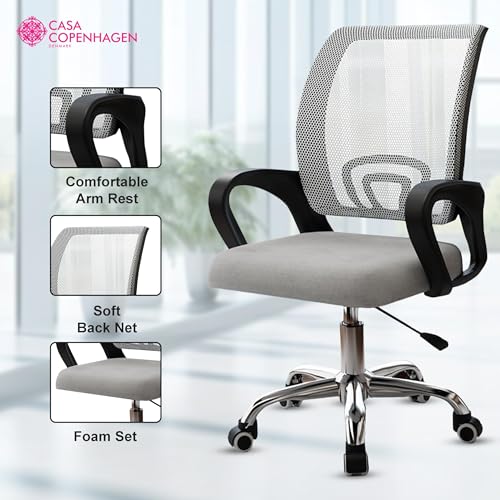 Image of Casa Copenhagen Mesh Mid Back Office /Study /Computer /Revolving /Desk Chair for Work from Home -Metal Base, Height Adjustable Seat - Grey Milange & Black Handle