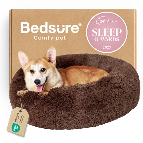 Image of Bedsure Calming Dog Bed Medium Size Dog Donut Washable Pet Bed,30ins Coffee | Fluffy Faux Fur Round Cuddler,Machine Washable,Anti-Slip Bottom,Anti-Anxiety,Deep Sleeping for Pets Up to 45 Lbs