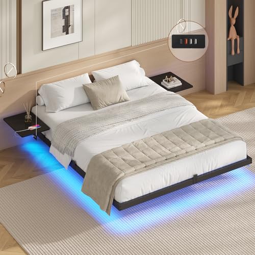 AOGLLATI Bettgestell 160x200 Bett 160x200 aus Metall mit LED Beleuchtung und Ladestation Schwebender Bettrahmen mit Aufbewahrungsregalen Metallbett...