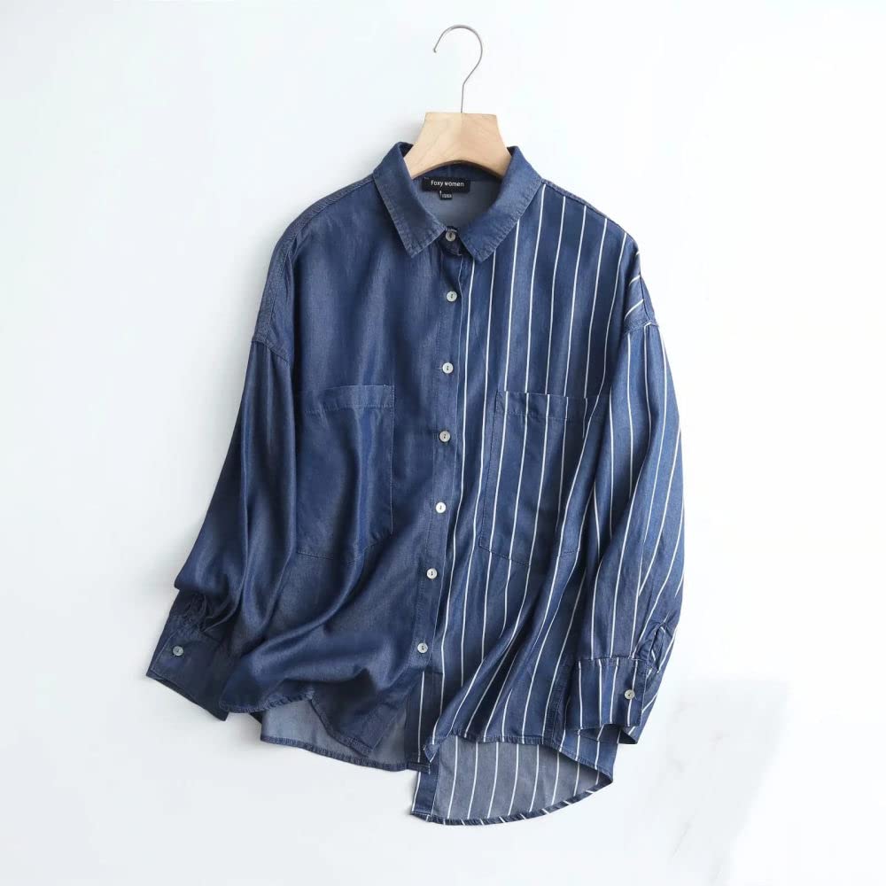 MIDJ Bluse Damen,Elegante Jeanshemdbluse für Damen Mit Langen Ärmeln, Moderne Streifenhemden, Chiffonblusen, Übergroße Oberteile, Businesshemd, Rückenknöpfe, Leichtes Sweatshirt für Mädchen