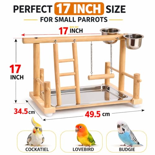 Image of KSK 17 Inch Bird Stand Perch with Food Cup - Wooden Parrot Playground & Activity Center - Bird Training Gym for Cockatiels, Conures, Lovebirds, Budgies & Small Parrots