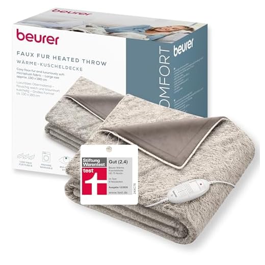 Beurer HD 75 Nordic Heizdecke, kuschelige Wärmedecke in Kunstfelloptik, mit 6 Temperaturstufen, maschinenwaschbar bei 30 °C, Heizdecke mit Abschaltautomatik, beige / braun, 180 x 130 cm