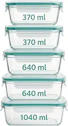 Conjunto 5 Potes Herméticos de Vidro com Tampa – 370ml 640ml 1040ml – Vedação Airtight – Ideal para Geladeira, Freezer e Marmita – Tampa Verde