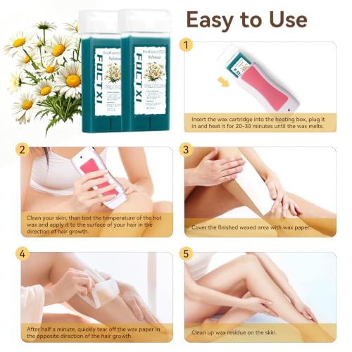 Image of Roll On Wax kit, Wax Roller Kit for Hair Removal with 2 Chamomile Soft Wax Cartridge, 100 Non-Woven Wax Strips & 10 Wipes, Sensitive Skin Roll on Waxing Kit for Women
