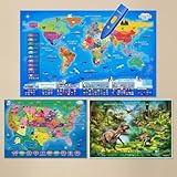 Interactive Talking World & USA Map for Kids, Solar System & Dinosaur Poster Set, 43-in-1 Bilingual Learning & Educational Toys for Boys & Girls Ages 3-12, Educational STEM Geography & Space Gift