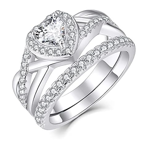 JO WISDOM Women Ring Bridal Sets,925 Sterling Silver Heart Engagement Wedding Anniversary Promise Ring with 5 * 5mm 5A Cubic Zirconia,Jewellery for Women,M Cover