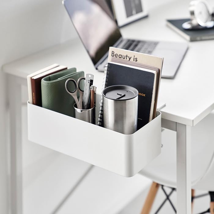 YAMAZAKI 1572 Tower Table Clamp Basket, White, Steel, Minimalist, 30 X 18 X 9.5 ~ 11