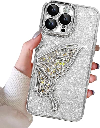 Image of SHINESTAR 3D Butterfly Case for iPhone 14 Pro Max Cover, Cute Girly Glitter Bling Luxury Back Cover for Women Girls Protective Shockproof Slim Camera Protection (or iPhone 14 Pro Max - Silver