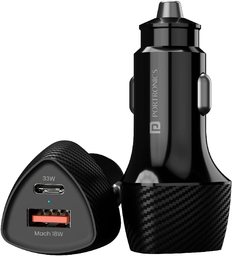 Portronics 51W Car Power 16 Fast Car Charger with Dual Output, 51 Watts Total (18W USB + 33W Type C PD), Fast Charging, Adapter for iPhone & Android Smartphones and Tablets (Black)
