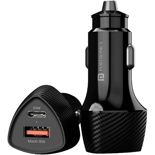 Portronics 51W Car Power 16 Fast Car Charger with Dual Output, 51 Watts Total (18W USB + 33W Type C PD), Fast Charging, Adapter for iPhone & Android Smartphones and Tablets (Black)