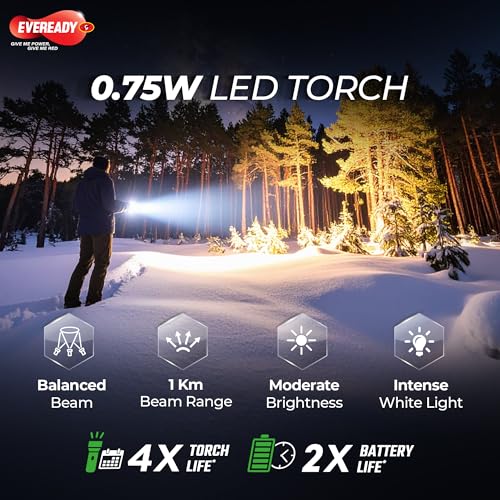 Image of Eveready DL06 Shine, 0.75W Emergency Torch with 1KM Beam, Durable ABS Body, Slide Switch, Built-in Wrist Sling, Powered by 3xAA Batteries