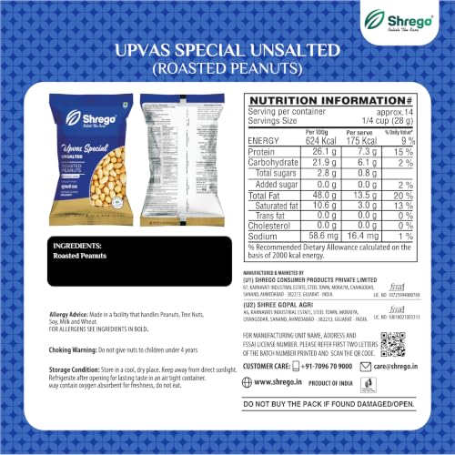 Image of Shrego Upvas Special Roasted Peanuts Unsalted 180g | Vacuum Packed | Farali Peanuts for Fasting | Ready-to-Use Whole Peanuts | No Added Salt | Crunchy Peanut Protein Snack