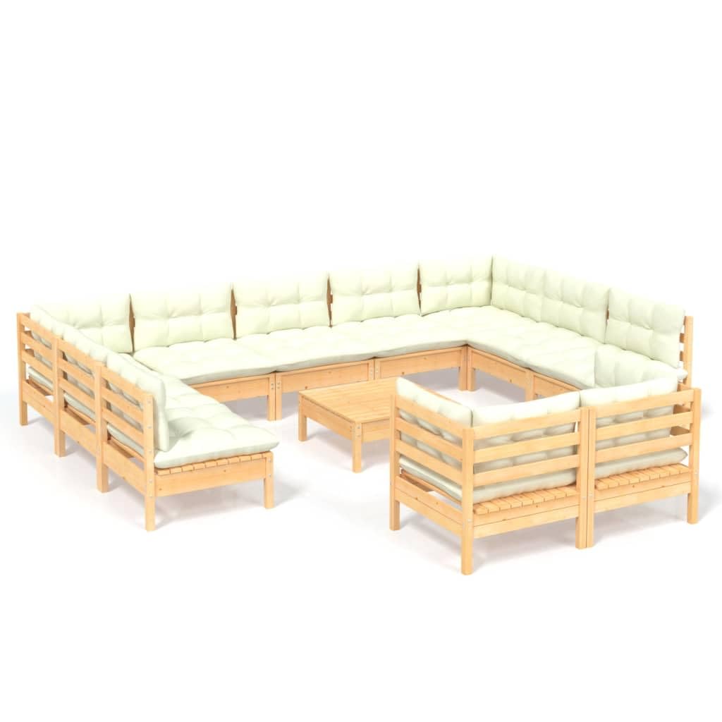 Ensemble de meubles de jardin, 12 pièces, avec coussin crème, en pin massif, pour jardin, terrasse, extérieur, balcon