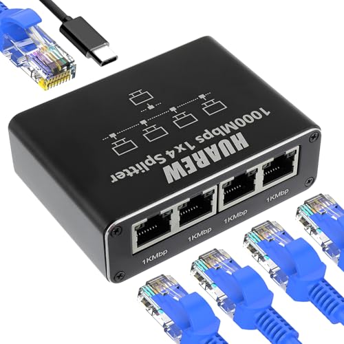 HUAREW Conmutador Ethernet Switch de 1 a 4, Ethernet Splitter 1000 Mbps, RJ45 Conmutador con Cable De Alimentación USB C para Ordenadores, Routers, Decodificadores, televisores Digitales y más
