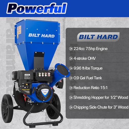 BILT HARD Wood Chipper - 7.5 HP 224cc Gas Powered Shredder, 2 in 1 Multi-Function Heavy Duty, 3" Max Wood Diameter Capacity with Collection Bag
