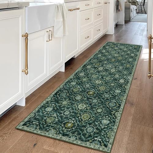 KILOCOCO 2x6 Runner Rug, Moroccan Super Soft Washable Hallway Entryway Runner Rug, Accent Print Faux Wool Kitchen Runner Rug 6 Feet Non-Slip Boho Rug Runner for Laundry Room Bedroom, Dark Green