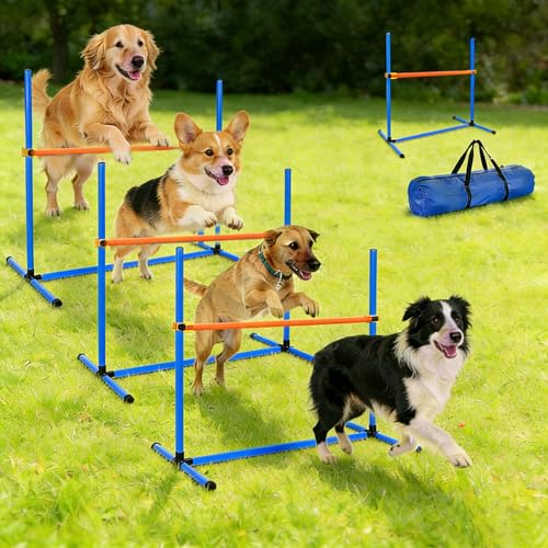TinyPoint 4 PCS Dog Agility Course Equipment, Adjustable Jump Bars Obstacle Training Supplies PVC Puppy Exercise and Coordination Training Kit with Carry Bag for Indoor Outdoor Use(Blue)