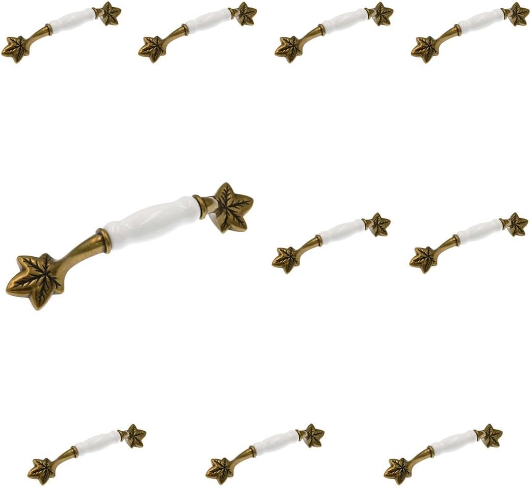 10 Pack Hickory Country Lancaster Polished and White Porcelain 3 3/4" cc Leaf Cabinet Pulls P3032-LPW