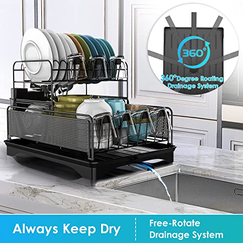 Wahopy Dish Drying Rack 2 Tiers Large Dish Rack Drainboard Set With Adjustable Swivel Spout, Utensil Cutlery Holder, Antislip Silicone Cap, Dish Drainer | Dish Strainer Rack For Kitchen Counter Sink #TOP2