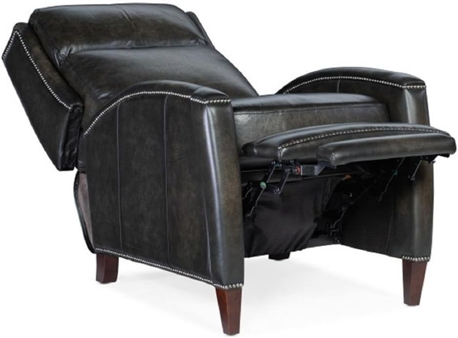 BOWERY HILL Modern/Contemporary Manual Push Back Recliner, Leather Upholstery, Dark Wood Finish, Black Nickel Nailhead Trim, Comfortable Accent Seating for Living Room or Home Office