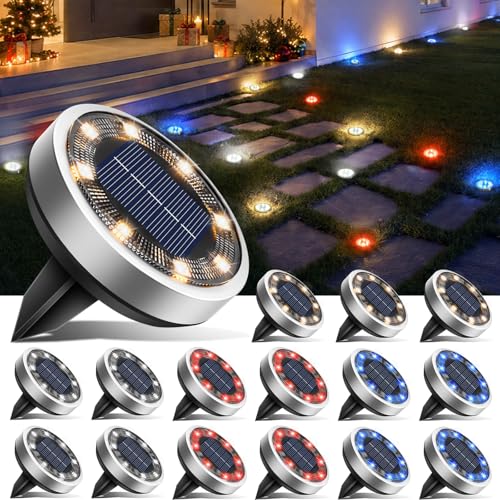 btfarm 16 Pack Solar Lights Outdoor, 8 LED Solar Ground Lights IP65 Waterproof Flat Solar Disc Light, Pathway Lights for Garden Patio Yard Christmas Decorations, Red+Blue+Cool White+Warm White