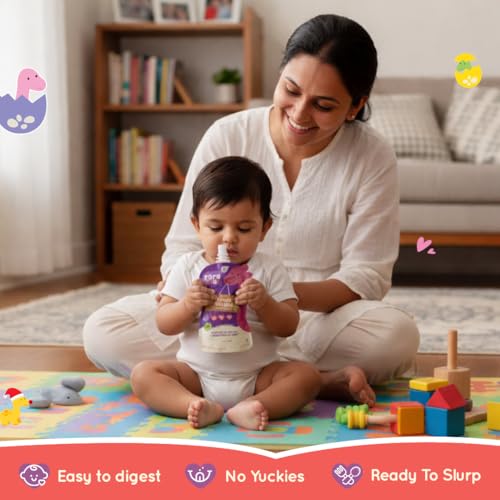 Image of Rorosaur Baby Food Purees - Ready to Eat - 9 Pouch Combo (100g each - combo pack), 6+ Months | Grain, Fruit, Veggie | Natural, Easy to Digest, No Preservatives, No Added Sugar, No Salt