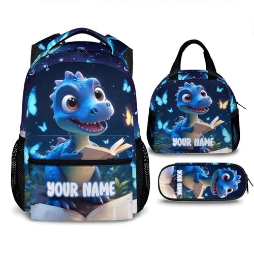 Kids Dinosaur Backpack for Boys, Set of 3 Personalized Schoolbag Casual Bag for Girls Kindergarten Primary, 17 Inch Lightweight Durable Custom Backpacks, Back to School Gift