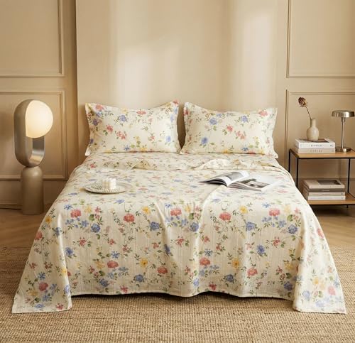 Image of BSB HOME Cloud Cotton King Size bedsheet | Flatsheet Summer Sheet with Two Pillow Covers | Super Soft Bed Sheet for King Size Bed Durable| Floral Design (270 x 250 cm, Off White & Vintage Blue)