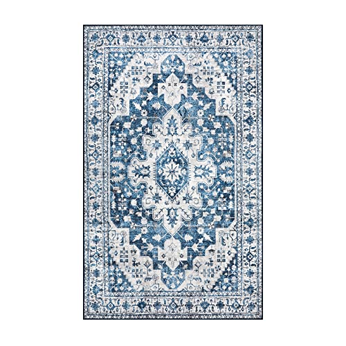 Moynesa Ultra-Thin Washable Vintage Area Rug - 4x6 Living Room Rug for Bedroom Office, Low Pile Non Slip Oriental Laundry Bathroom Mat Indoor Floor Carpet for Entrance Kitchen Mudroom