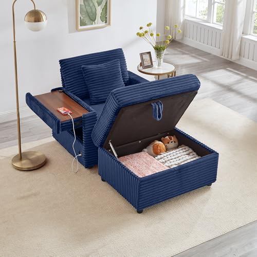 KEIKI 56.5" Oversized Chaise Lounge, Premium Corduroy Upholstered Single Sofa Chair with Storage Ottoman, Table Board & USB Charging Port, Modern Deep Seat Reclining Lounge for Living Room, Blue