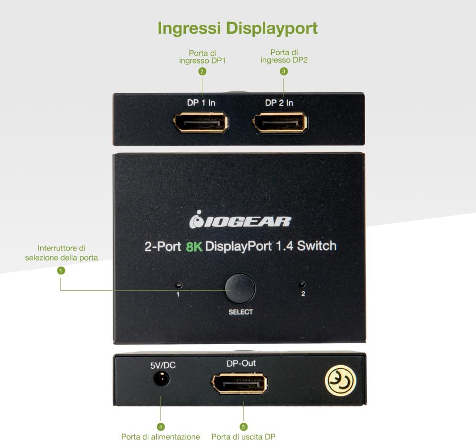 Miniatura 2 de IOGEAR Conmutador DisplayPort 1.4 8K 60Hz - Convertidor de 2 puertos 2 en a 1 salida - Audio HD - GDP14SW2