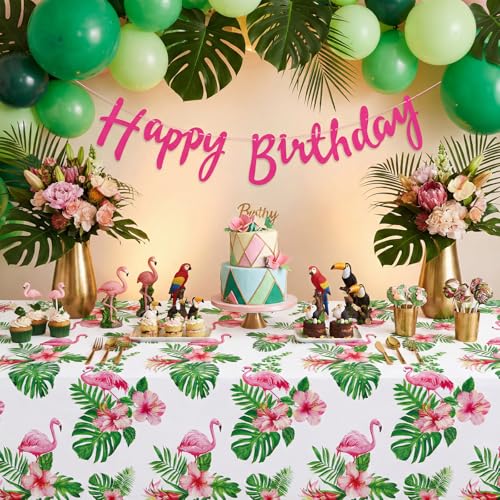 Image of NatNarr 3 Pack Hawaiian Luau Party Tablecloth, 54 x 108 Inch Disposable Tropical Palm Leaves Table Cloth Waterproof Rectangle Table Cover for Summer Beach Pool Cocktail Party Decorations