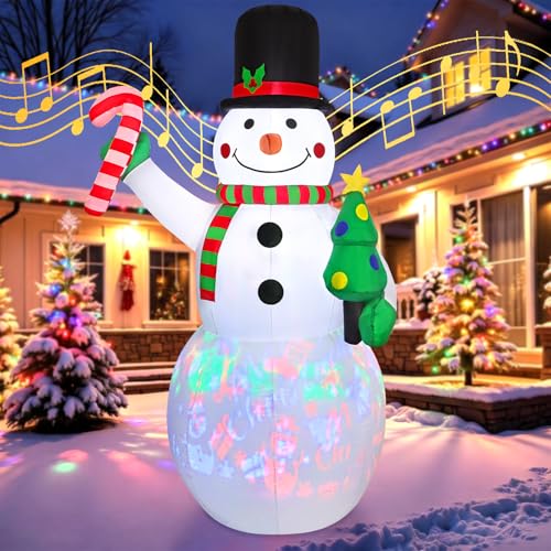 Image of Weldomcor 7FT Christmas Inflatable Snowman with Music Box & Rotating Led Lights, Xmas Inflatable Outdoor Decorations Holding Candy Cane-striped Sign, Blow Up Snowman for Indoor Yard Lawn Garden Decor