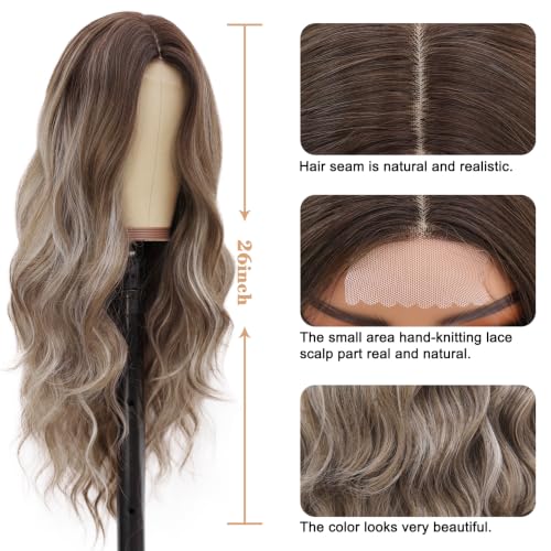 Image of NAYOO Ash Brown Wig for Women, 26 Inch Middle Part Wavy Synthetic Wig