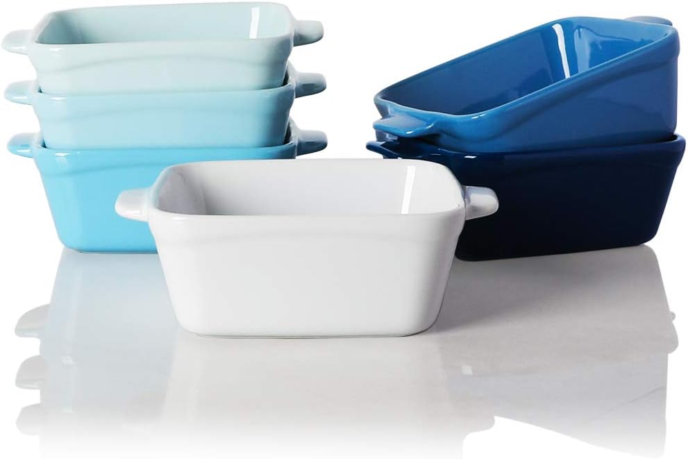 Sweejar Ceramic Souffle Dishes,Square Double Handle Ramekins for Baking, 10 OZ for Creme Brulee, Custard,Dipping - Set of 6 (Blue)