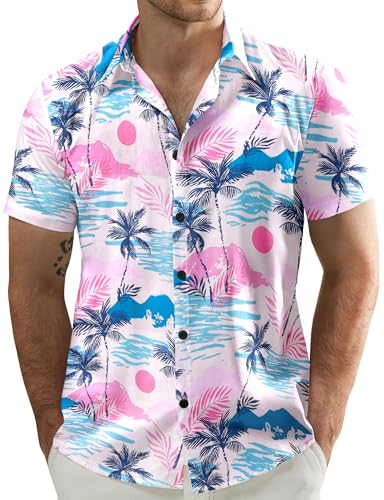 JOGAL Men's Flower Casual Short Sleeve Aloha Hawaiian Shirt Pink Large