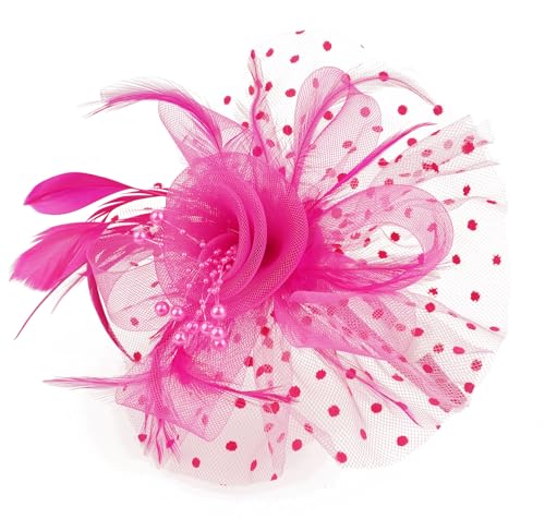 Cizoe Women's Fascinators Hat Derby Hats Wedding Cocktail Tea Party Headwear and Gloves(Fushia) - Thumbnail 3