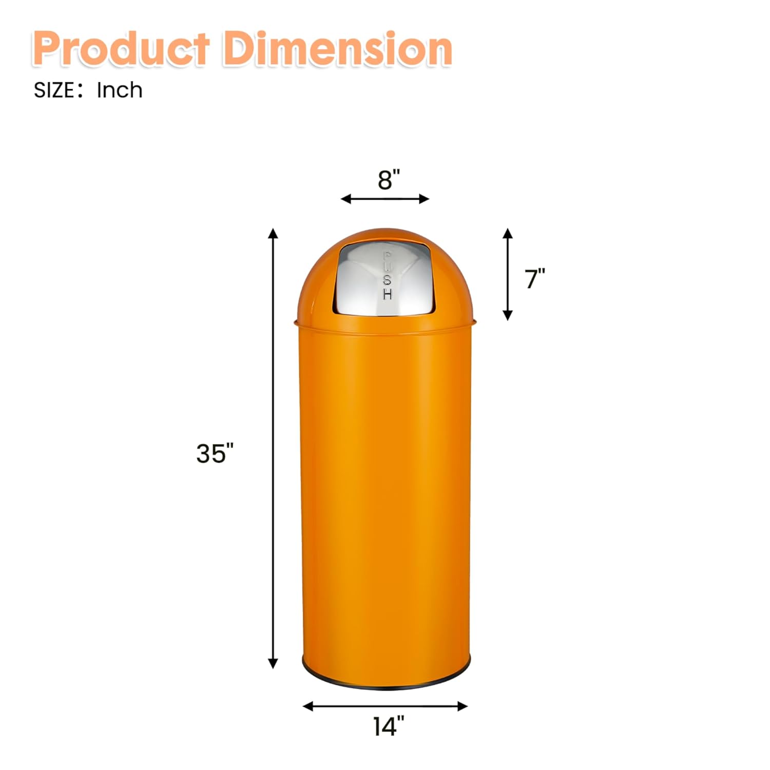 65L/17 Gallon Stainless Steel Trash Can with Square Push Lid, Heavy Duty Commercial Garbage Bin with Removable Inner Bucket, Large Waste Container for Home, Kitchen, Office, Restaurant, Bright Orange
