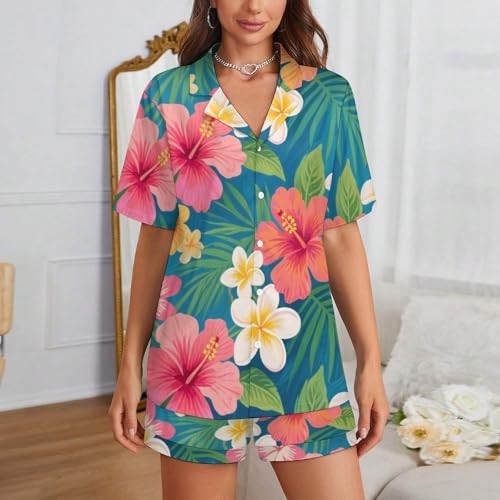 Women Girls Buttoned Pajamas, Short Sleeve Top with Pants2