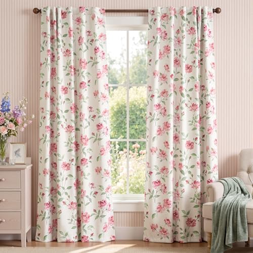 jinchan Pink Floral Blackout Curtains 84 Inch Vintage Rod Pocket 2 Panels