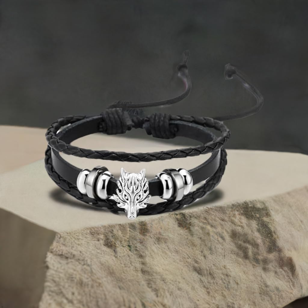 COOLSTEELANDBEYOND Mens Dragon Head Braided Leather Bracelet, Three-Strand Leather Wristband Wrap Bracelet - Image 2