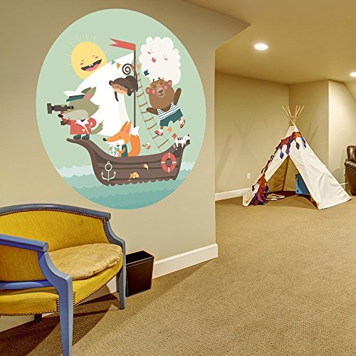 Adhesivo Pared habitación Infantil/Cuarto del bebé Navegación Animales Pirates Dibujos Animados Bebé Casa Adhesivo/MAR Barco Bricolaje Redondo Mural + Gratis Pegatina Regalo - 170x170 cm