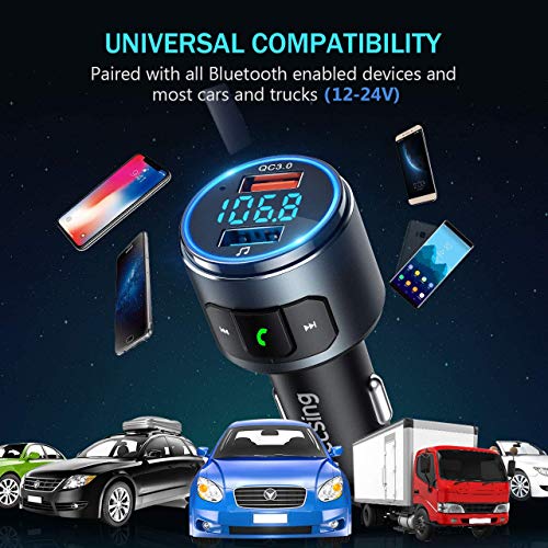 VicTsing (Upgraded Version) V5.0 Bluetooth FM Transmitter for Car, QC3.0 & LED Backlit Wireless Bluetooth FM Radio Adapter Music Player/Car Kit with Hands-Free Calls, Siri Google Assistant
