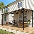 Garvee 10x14 Ft Outdoor Lean to Gazebo, Wall Mounted Patio Hardtop Gazebo Pergola with Polycarbonate Roof, Upgraded Steel Frame Hardtop Pavilion for Patio, Garden, Lawn, Deck